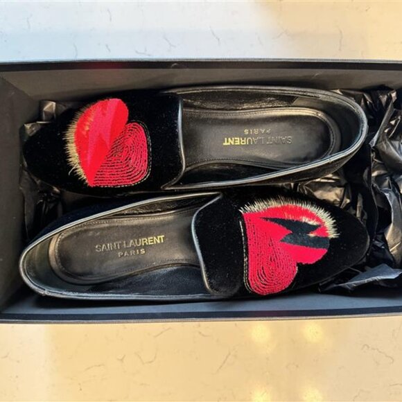 Saint Laurent Black Velvet Amor Heart Smoking Shoes - Picture 1 of 3